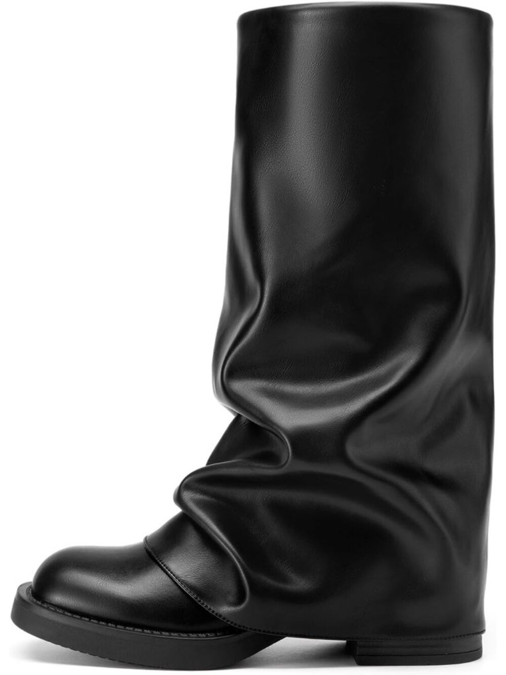 Women's Black Fold Over Wide Calf Chunky Platform Low Heel Square Toe Calf Boots